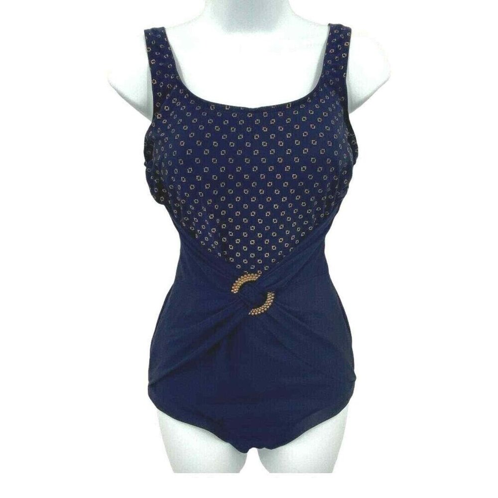 Slim Allure One Piece Swimsuit Womens 10 C+ Navy‎ Blue Gold Nautical Medallion